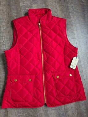 St. John's Bay Women's Quilted Red Vest with Gold Zipper and Snap Pockets, SizeM